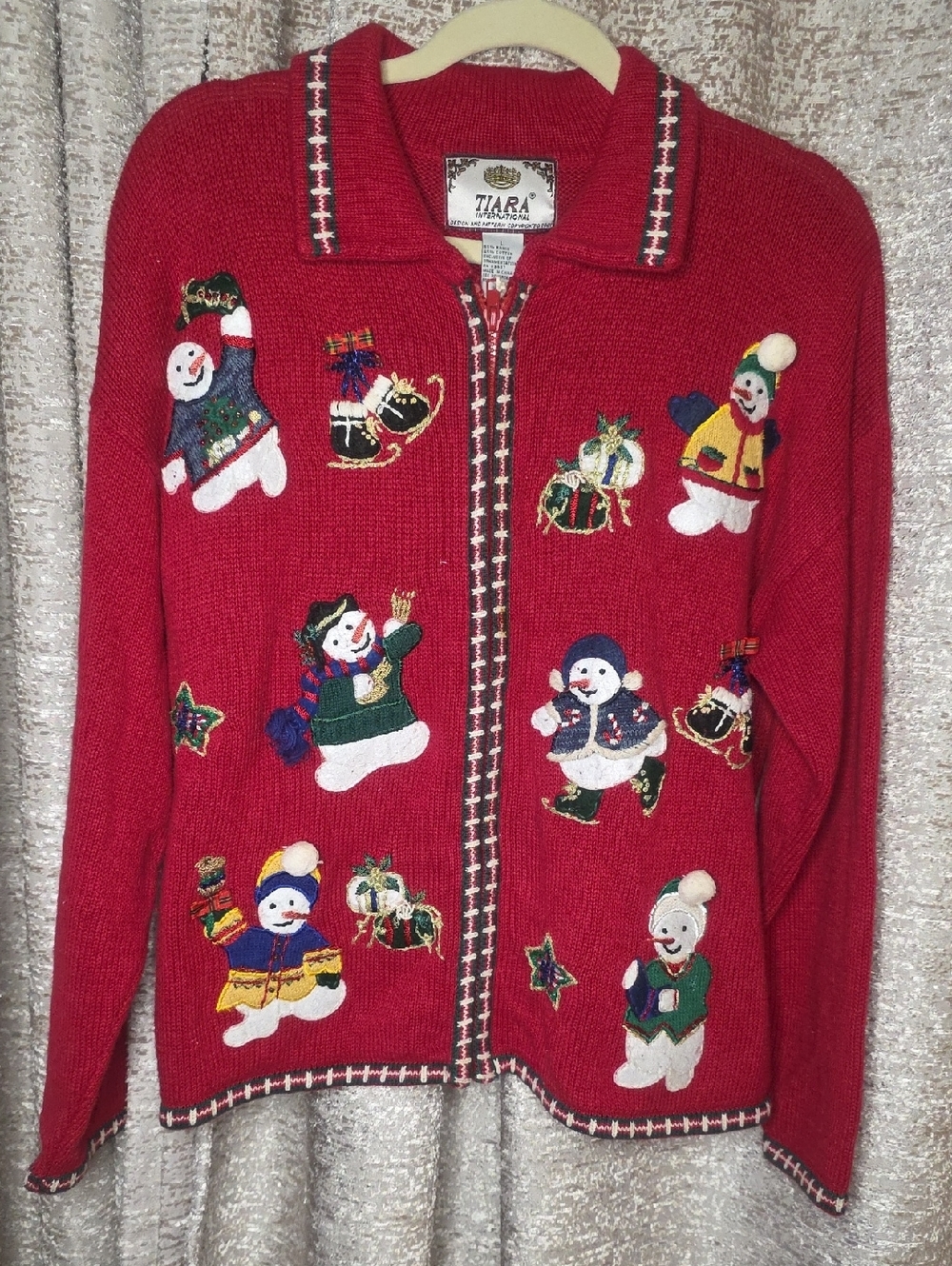 Tiara Red Vintage Holiday Snowman Zip-Front Cardigan Size L